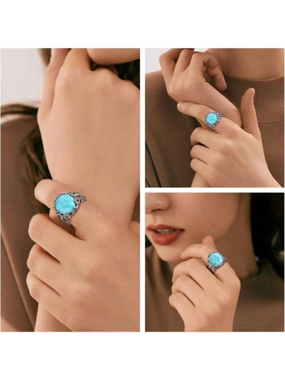 Vintage Turquoise Adjustable Ring for Women | 925 Sterling Silver Filigree